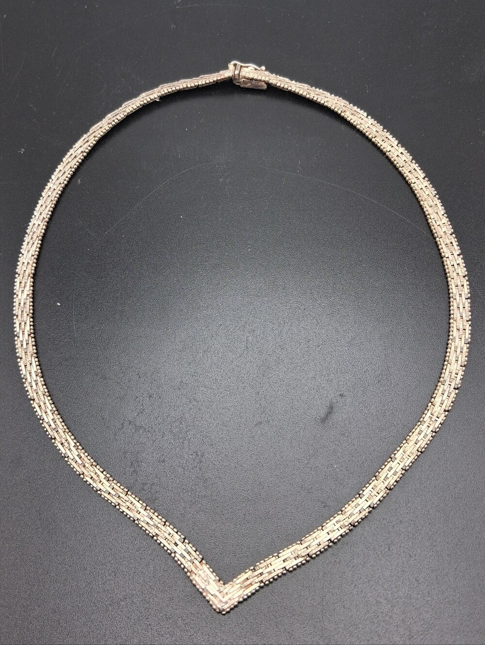 Vintage Italian 925 Sterling Silver Textured Basketweave Chevron V Necklace
